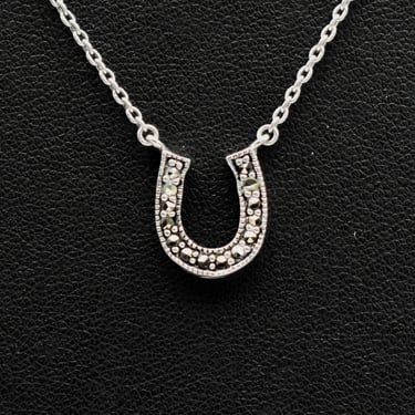 80's sterling marcasite horseshoe affixed pendant, minimalist FAS 925 silver pyrite good luck necklace 