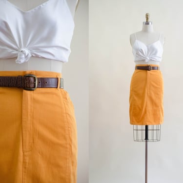 orange cotton mini skirt | 90s vintage golden yellow orange short skirt with pockets 