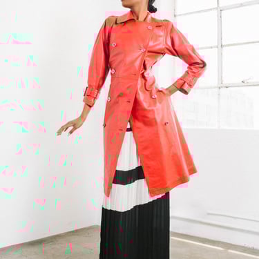 1980s Yves Saint Laurent Red Leather Belted Trench Coat