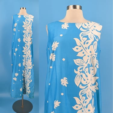 Vintage 60s Medium Polynesian Bazer Polished Cotton Sleeveless Shift Hawaiian Maxi Dress with Pocket 