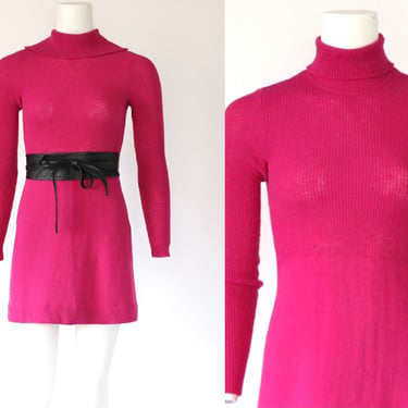 1960s Ribbed Wool Knit Turtleneck Mini Dress by Youth Guild - 60s Vintage Magenta Pink Long Sleeve Sweater Dress - X-Small 