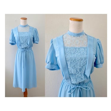 Vintage Pastel Blue Lace Mini Dress - 70s Blouson Spring Summer Dolly Secretary Office Dress - Size Small 