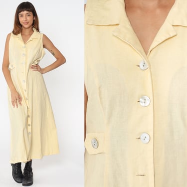 Pale Yellow Linen Dress 90s Keyhole Back Midi Dress Sleeveless Dress Button-Up Shirtdress Plain Vintage 1990s Large 