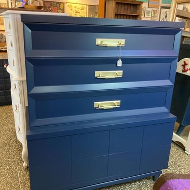 Wow! Beefy! Navy painted MCM chest of drawers 44” x 20.5” x 52.25” Call 202-232-8171 to purchase 