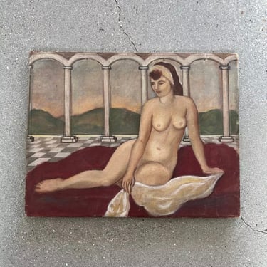 Vintage canvas art acrylic 1940s 50s geometric nude 