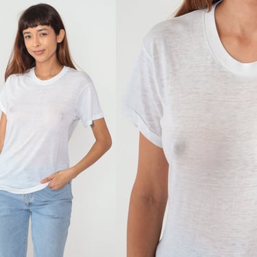 Sheer White T-Shirt 90s Burnout TShirt Paper Thin T Shirt Single Stitch Tee Basic Crewneck Plain Solid See-Through Vintage 1990s Medium M 