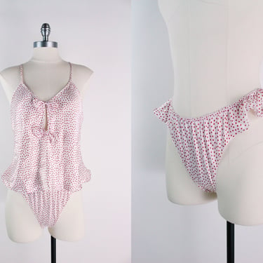 80s Two piece Set / 80s Polka Dot Camisole and Panty / Bow Babydoll / Size S/M 