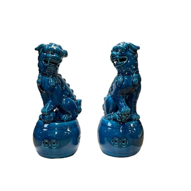 Pair Chinese Blue Color Glaze Ceramic Fengshui Foo Dog Figures ws2722E 