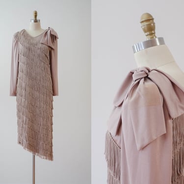 blush pink fringed dress | 80s vintage dusty rose 20s flapper style asymmetrical hem long sleeve party cocktail dress 