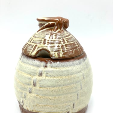 Frankoma Desert Gold Honey Pot, No. 803, Vintage Pottery Honey Jar, Bee Hive, with Adorable Bee on Top 