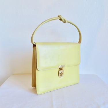 1960's Yellow Leather Structured Purse Top Handle Gold Clasp Hardware Square Shape Mod Style 60's Handbags Lenox Bags USA 
