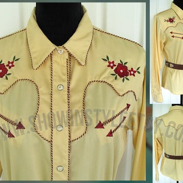 Vintage Western Retro Women's Cowgirl Shirt by Panhandle Slim, Rodeo Queen, Pale Yellow with Embroidery, Tag Size Large (see meas. photo) 
