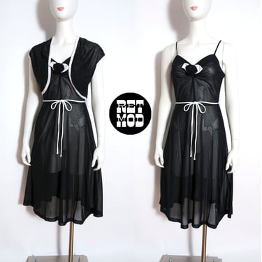 Lovely Vintage 70s 80s Black White Sun Dress with Matching Bolero 