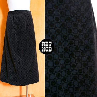 Mr Dino Vintage 60s 70s Black Velvet Mid-Length Skirt with Op Art Design 