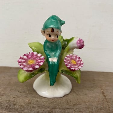 Vintage Napcoware Pixie On Pink Flowers, Mini Elf Figurine, Bone China, Maruti Masterpiece, Flower Of The Month Please READ 