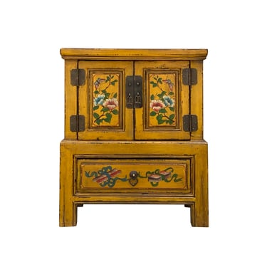 Oriental Distressed Mustard Yellow Flower Birds End Table Nightstand cs7272E 