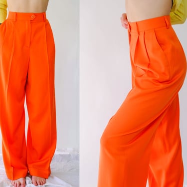 Vintage 90s Escada Orange Wool Gabardine Pleated High Waisted Cuffed Pants | Made in Germany | 100% Wool | 1990s Designer Tapered Leg Slacks 