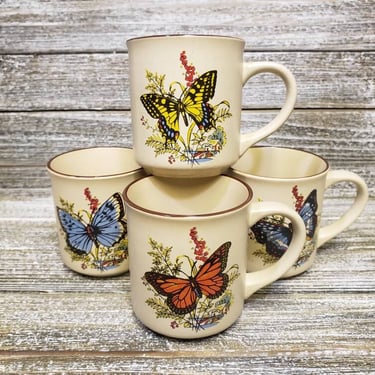 1970s Vintage Butterfly Coffee Mugs, 4 Viking Stoneware Butterflies Cup, Hand-Crafted, Shabby Cottage Chic, Retro Vintage Home & Kitchen 