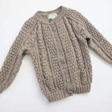 Vintage Aran Irish Wool Cardigan Womens XS S- Taupe Beige Fisherman Knit Cardigan Sweater - Chunky Cable Knit Cardigan - Cozy Hygge Cardigan 