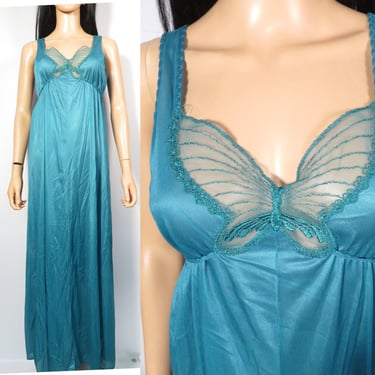 Vintage 80s Butterfly Teal Blue Empire Waist Maxi Nightgown Made In USA Size S 