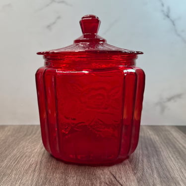 Vintage Ruby Red Mayfair Glass Cookie Jar - Depression Style Design 