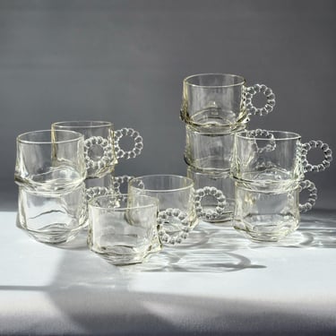 Hazel Atlas glass punch bowl or snack cups with beaded handles MCM Boopie or Candlewick style set of 11 
