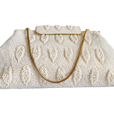 Vintage white beaded clutch evening bag with retractable gold top handle. Something old bridal purse. Dressy mid century fashion accessory. 