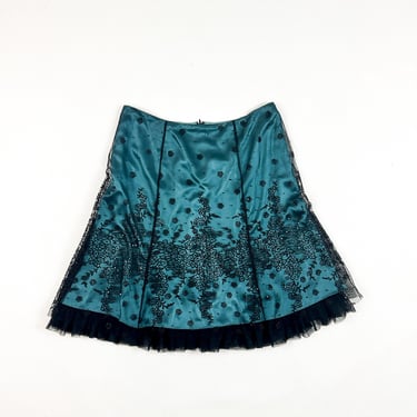 Y2K Adrianna Papell Evening Essentials Blue and Black Beaded Lace Midi Skirt / Size 12 / Ruffles / Tulle / Mesh Overlay / Sequins / Bratz L 