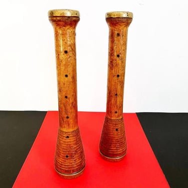 Mid-Century Wood and Brass Brutalist Candlesticks - a Pair 