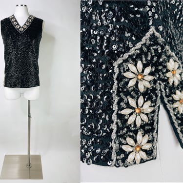 1950s Black Wool Knit Sleeveless Sweater Vest w V Neck & Beaded Daisy Details by Harilela's Small | Vintage, Elegant, Rockabilly, Rare 