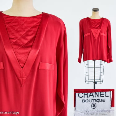 Chanel | 1980s Red Silk Blouse | 80s Red Silk Shirt | Chanel Boutique  | Large 