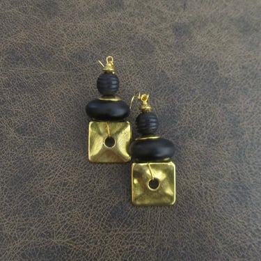 Hammered brass earrings, geometric earrings, unique mid century modern earrings, ethnic earrings, bohemian earrings, statement, black 