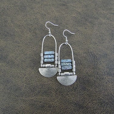 Lava rock and silver earrings, blue 