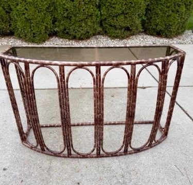 Vintage Art Deco Tortoise Faux Bamboo Iron Console Table 