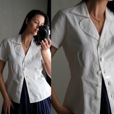 Vintage 90s Anne Fontaine White Cotton Button Up Heart Camp Collar Blouse | Made in France | 100% Cotton | 1990s Does 1940s Designer Shirt 