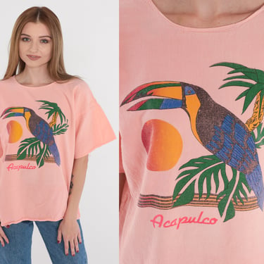 Toucan T-Shirt 90s Acapulco Mexico TShirt Beach Sun Graphic Tee Tourist Top Tropical Bird Travel T Shirt Peach Pink Vintage 1990s Medium M 