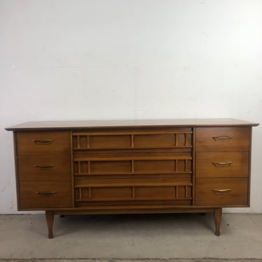 Mid Century Lowboy Nine Drawer Dresser with Brass