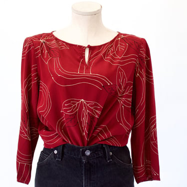 Vintage Leaf Print Silk Blouse  - 1980s Jerry Regenbogan Burgundy Loose Fitting Tunic Top - Medium 