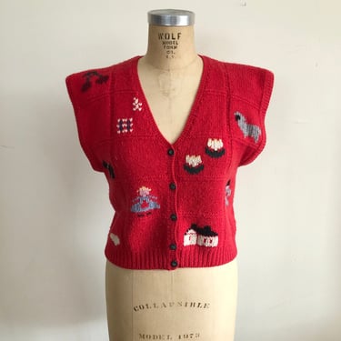 Red Sweater Vest with Storybook/Juvenile Motif - 1980s 