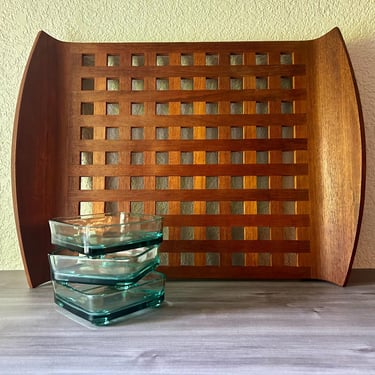 Vintage Dansk Teak Lattice Tray With Glass Dish Inserts, JHQ Denmark, designed by Jens Quistgaard 