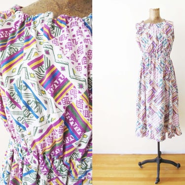 Vintage 60s Cotton Southwester Print Geometric Sundress - Smocked Elastic Waist Purple Multicolor Sleeveless Full Midi Dress 
