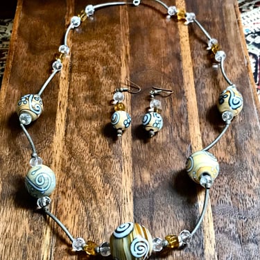 Ceramic Beaded Necklace Earring Set Large Handmade Clay Beads Statement Jewelry 