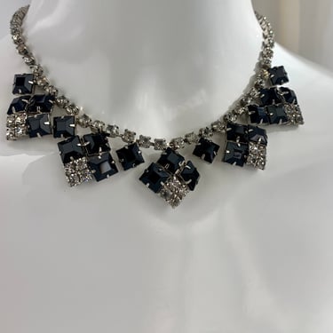 1950's Rhinestone Necklace - Black & Clear Crystals - All Prong Set - 14-1/2 Inch Length 