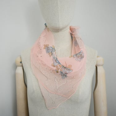 1950s/60s Pink and Blue Rose Printed Sheer Scarf 