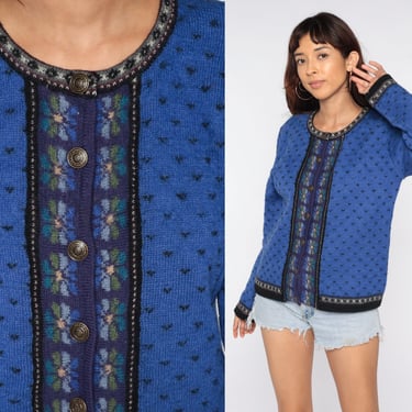 Nordic Sweater Blue Floral Sweater Wool Cardigan 90s Sweater Hippie Boho Sweater Vintage Bohemian Button Up Petite Large L 
