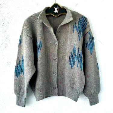 Vintage 70s 80s Metallic Cardigan 1970s 1980s Collared Sweater Blue Grey Chunky Fuzzy Knit Top 