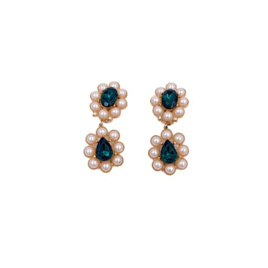 Richelieu Gold Flower Pearl Drops With Emerald Clip On Earrings 