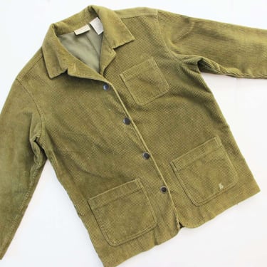 Vintage 90s Corduroy Chore Coat S M - 1990s Olive Green Cord Pocket Jacket - Earth Tone Minimalist Style 