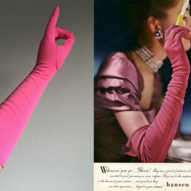 Go Where You Will - Vintage 1950s Crescendoe Peony Hot Pink Rayon Mid Arm Gloves - 7 