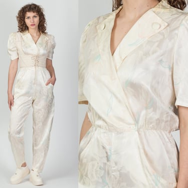 70s 80s Floral Satin Jacquard Jumpsuit - Medium | Vintage Ivory V Neck Short Sleeve Wrap Pantsuit 